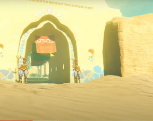 Gerudo Town, with two guards in front of a sandstone wall at the entrance to the town