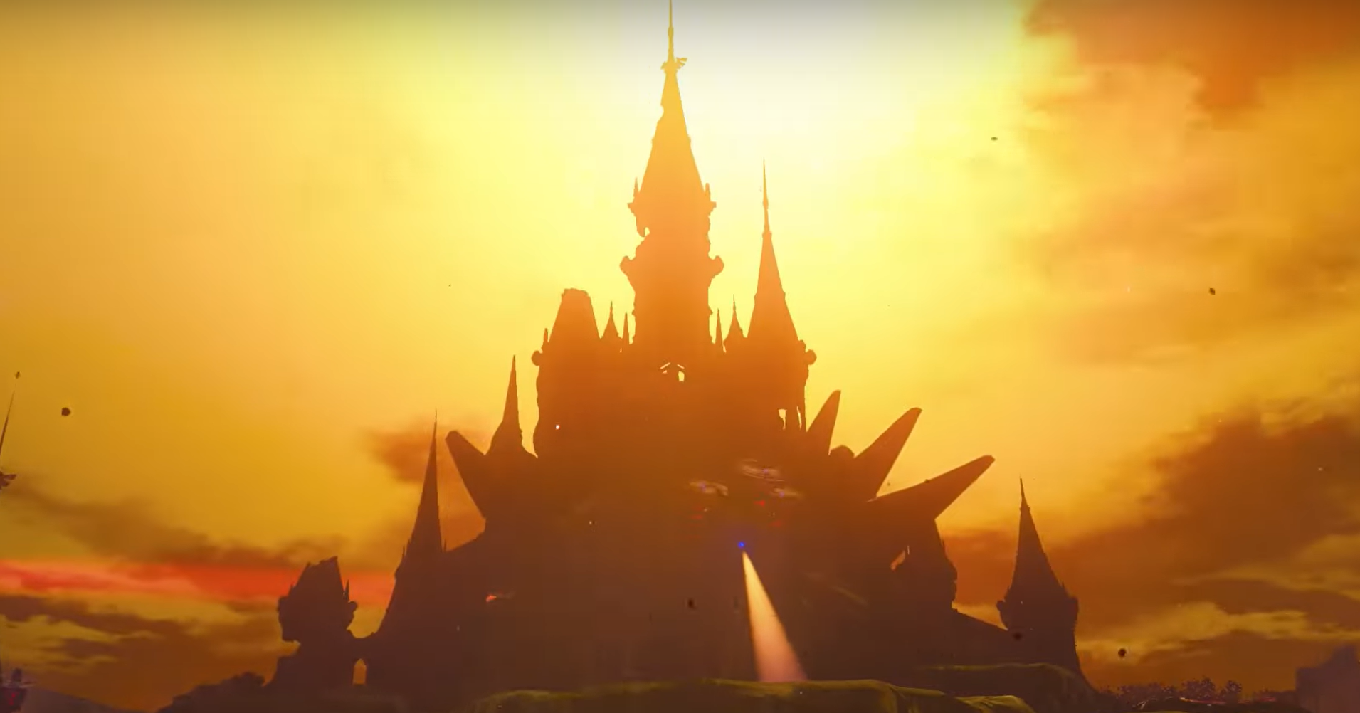 hyrule castle sillouetted by the sun behind it.